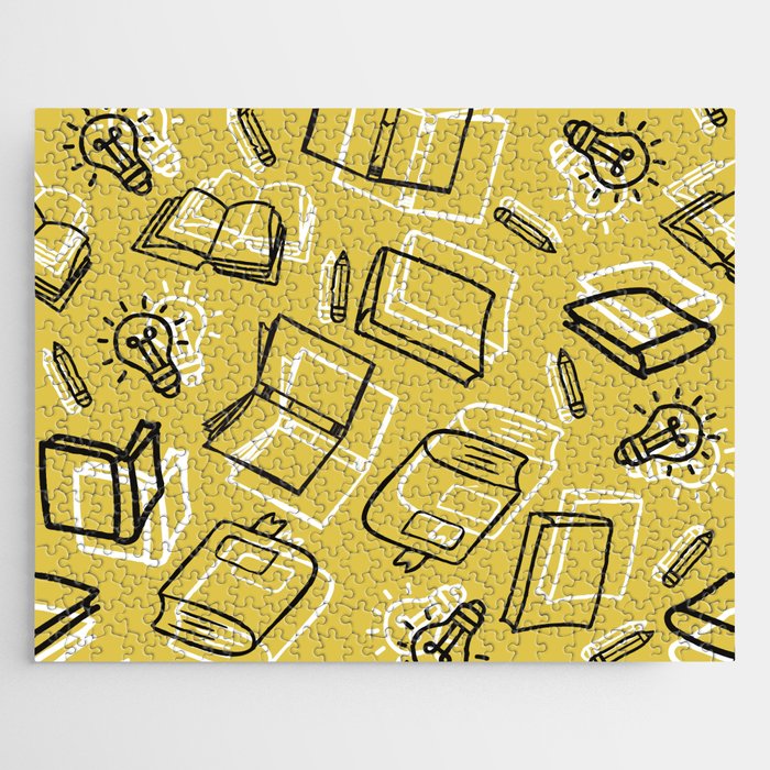 Hand Drawn Outline Books with Education Items Seamless Pattern Jigsaw Puzzle