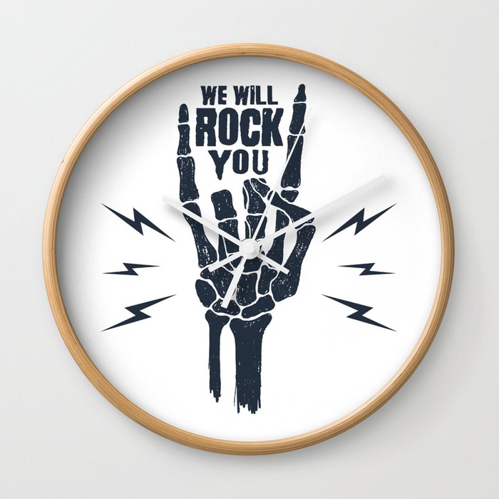 Funny Illustration. Skeleton Arm. We Will Rock You Wall Clock