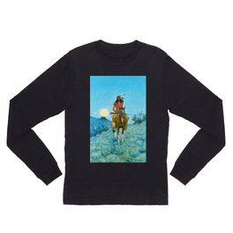 Frederic Remington - The Outlier, 1909 Long Sleeve T Shirt | Painting, Print, Western, Horse, Remington, Indian, Frederic, Decor, Moon, Blue 