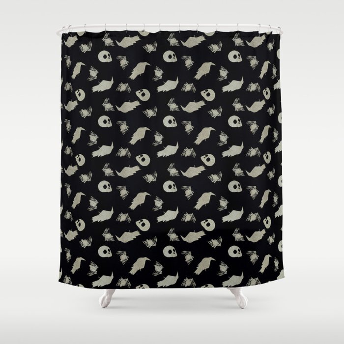 Creepy Objects - Skulls Spiders Ravens - Silver and Black Shower Curtain