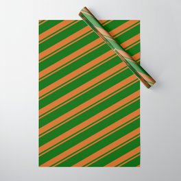 [ Thumbnail: Chocolate & Dark Green Colored Striped Pattern Wrapping Paper ]