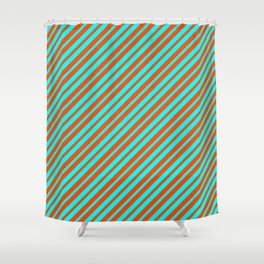 [ Thumbnail: Red and Cyan Colored Striped Pattern Shower Curtain ]