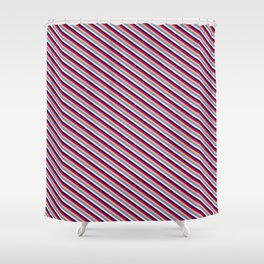 [ Thumbnail: Vibrant Red, Grey, Light Slate Gray, Beige & Dark Blue Colored Pattern of Stripes Shower Curtain ]