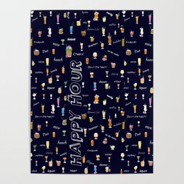 Happy Hour Cocktails and Brews on Dark Blue Poster