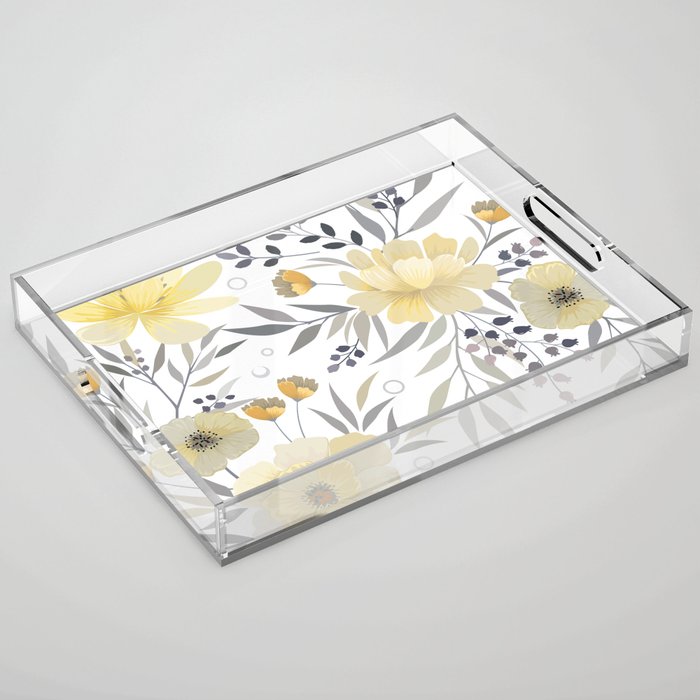 Modern, Floral Prints, Yellow, Gray and White Acrylic Tray