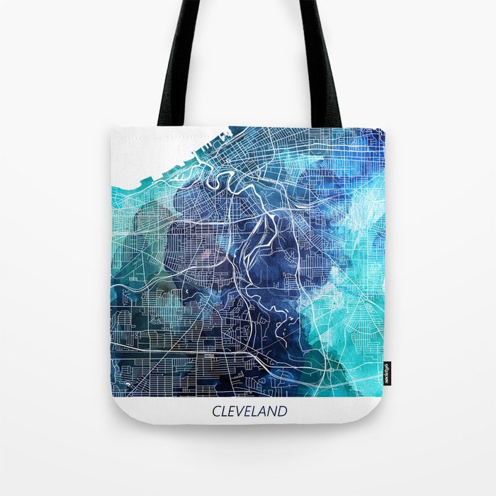 Cleveland Ohio Map Navy Blue Turquoise Watercolor USA states maps Tote Bag