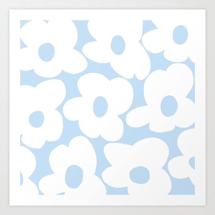 Large White Retro Flowers Baby Blue Background #decor #society6 #buyart Art Print