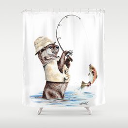 " Natures Fisherman " fishing river otter with trout Shower Curtain