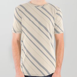 [ Thumbnail: Beige & Dark Grey Colored Lined Pattern All Over Graphic Tee ]