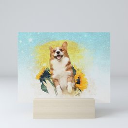 Sundog. Cute corgi puppy and sunflowers painting  Mini Art Print