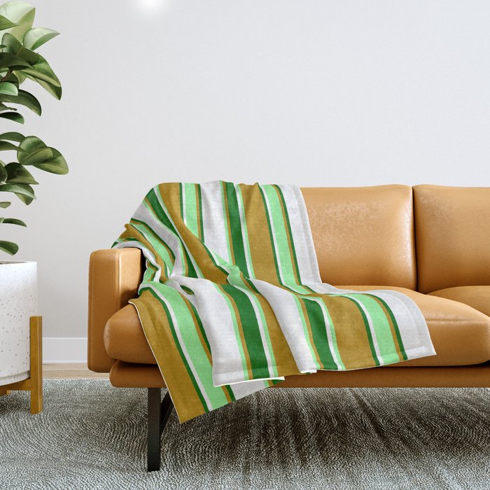 Dark Goldenrod, Green, White & Dark Green Colored Striped Pattern Throw Blanket