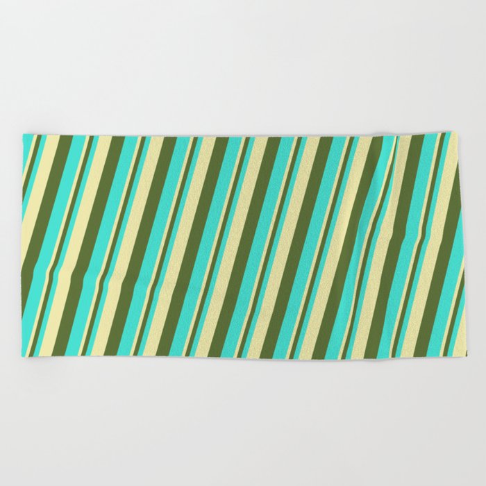 Pale Goldenrod, Dark Olive Green & Turquoise Colored Lines Pattern Beach Towel