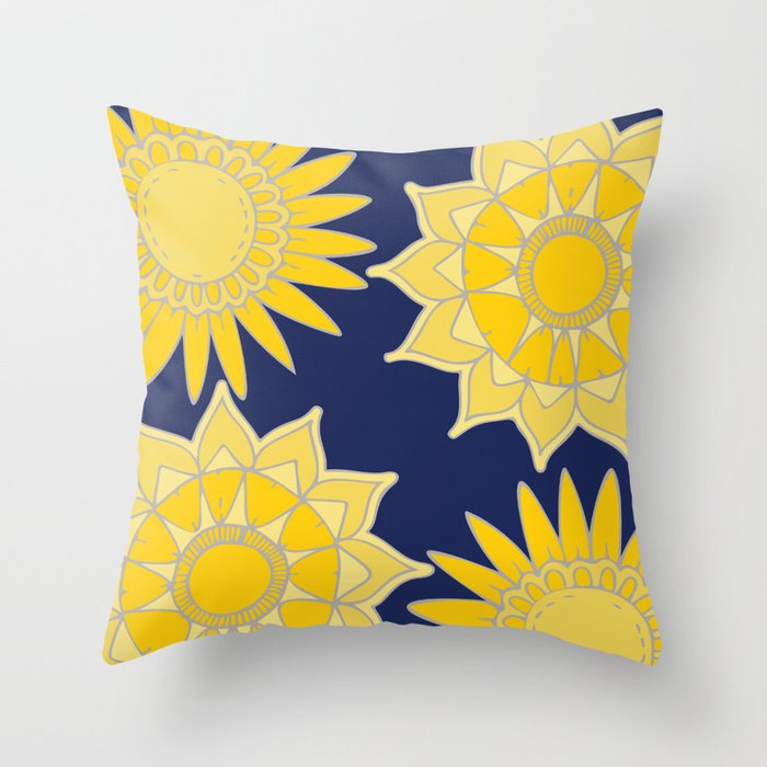 Sunshine yellow navy blue abstract floral mandala Throw Pillow