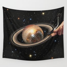 Galactic DJ II - Saturn Disco Ball Wall Tapestry | Turntable, Collage, Mirrorball, Popart, Music, Retro, Party, Club, Vinyl, Space 