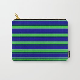 [ Thumbnail: Dark Blue and Lime Green Colored Stripes/Lines Pattern Carry-All Pouch ]