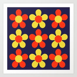 Retro Bright Daisies - Red Yellow Navy Blue Art Print