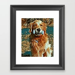 Sitting dog with dumbbell Framed Art Print
