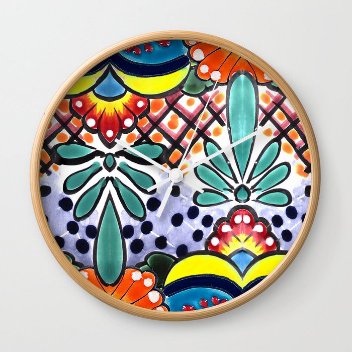 Colorful Talavera, Yellow Accent, Large, Mexican Tile Design Wall Clock