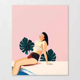 Sunday, Summer Swim Poolside Fashion, Bohemian Woman Sunbath Tan Bikini Monstera Tropical Travel Canvas Print