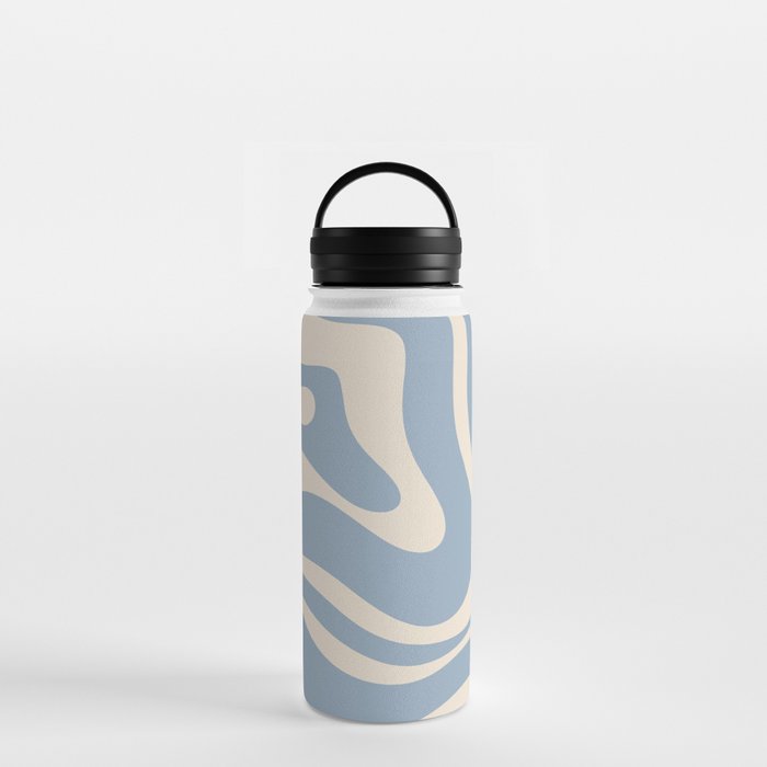 Modern Retro Liquid Swirl Abstract Pattern Square in Muted Light Blue and Cream Beige Water Bottle