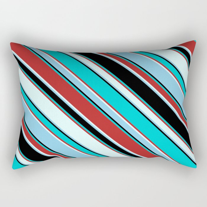 Colorful Black, Dark Turquoise, Red, Light Cyan, and Sky Blue Colored Pattern of Stripes Rectangular Pillow
