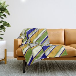 [ Thumbnail: Eyecatching Blue, Goldenrod, Green, Grey & Light Yellow Colored Pattern of Stripes Throw Blanket ]