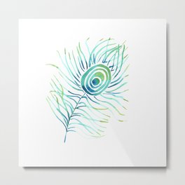 Turquoise Peacock Feather on White Metal Print | Modernwatercolor, Modernpainting, Stylizedpainting, Modernfeather, Green, Painting, Watercolor, Turquoise, Feather, Peacockfeather 