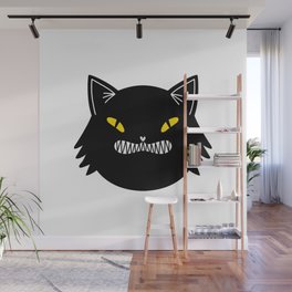 Creepy black cat cartoon animal illustration Wall Mural