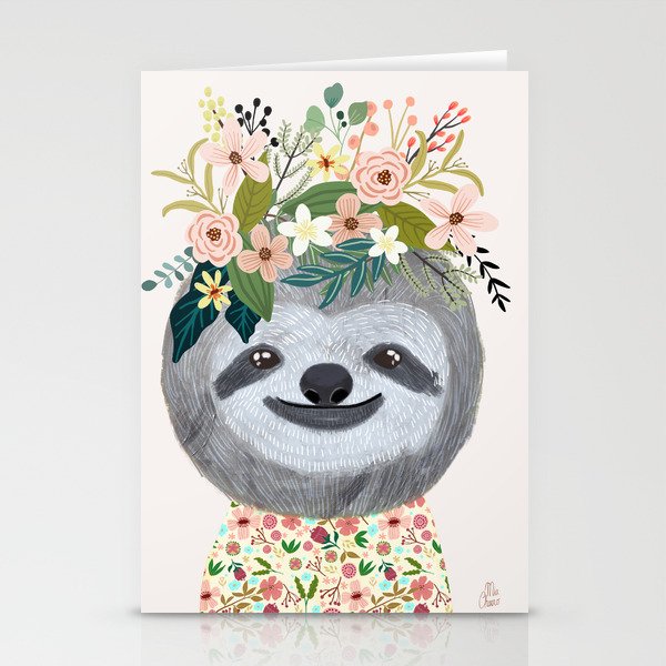 Sloth with flowers on head Stationery Cards