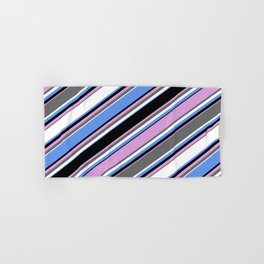 [ Thumbnail: Eye-catching Cornflower Blue, Black, Plum, Dim Grey, and White Colored Lined Pattern Hand & Bath Towel ]