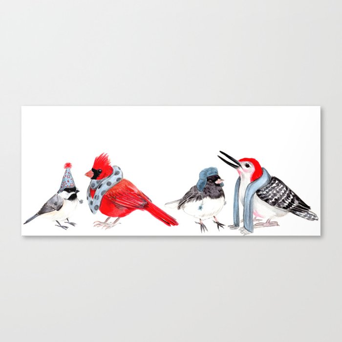 Winter Birds in Scarves Quartet Canvas Print