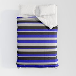 [ Thumbnail: Blue, Light Gray & Black Colored Striped Pattern Comforter ]