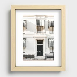 Black door with striped awnings. Minimalistic print - fine art photography Recessed Framed Print