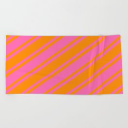 [ Thumbnail: Dark Orange & Hot Pink Colored Striped/Lined Pattern Beach Towel ]