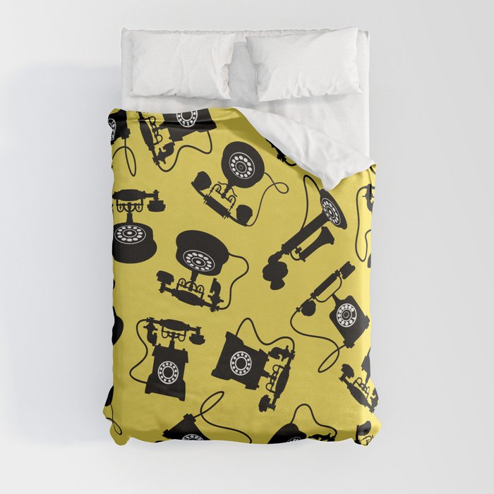 Black Vintage Rotary Dial Telephone Pattern on Yellow Duvet Cover