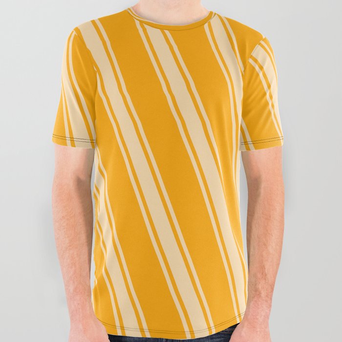 Orange & Tan Colored Stripes/Lines Pattern All Over Graphic Tee