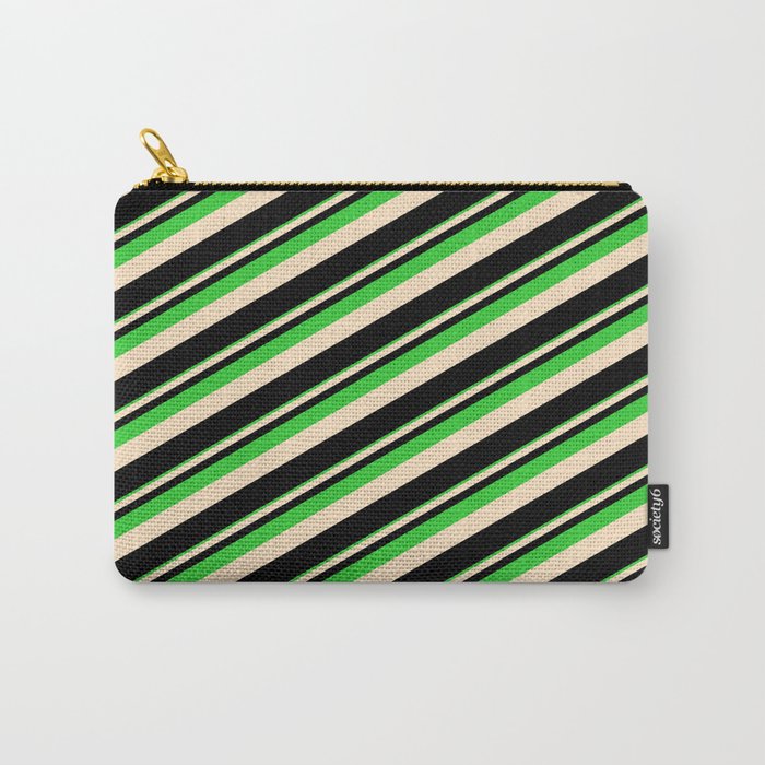 Lime Green, Bisque & Black Colored Lines Pattern Carry-All Pouch