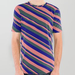 [ Thumbnail: Light Coral, Dark Slate Gray & Blue Colored Striped/Lined Pattern All Over Graphic Tee ]