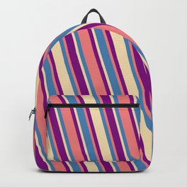 [ Thumbnail: Blue, Tan, Purple & Light Coral Colored Pattern of Stripes Backpack ]