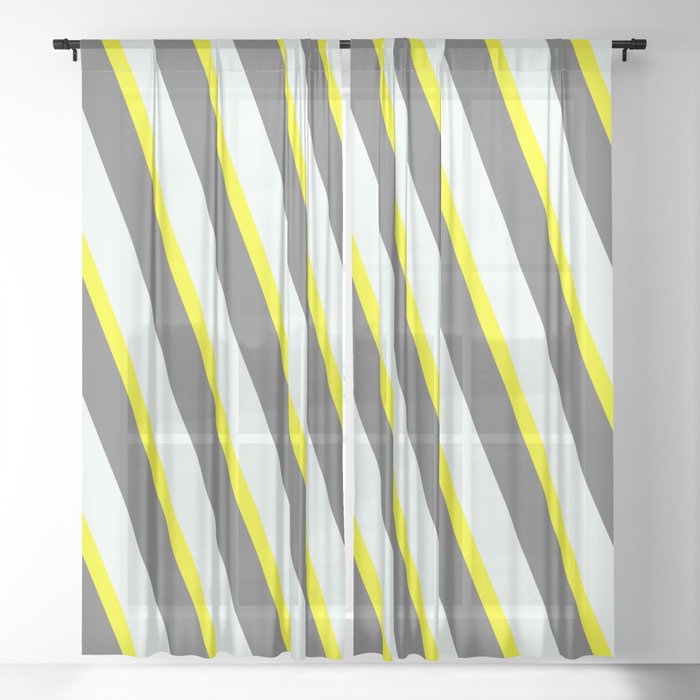 Dim Grey, Mint Cream & Yellow Colored Striped Pattern Sheer Curtain