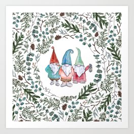 Christmas Gnome Greenery Circle Art Print