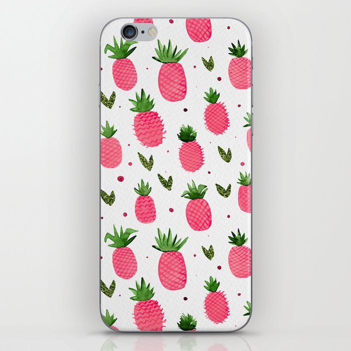 Watercolor pineapples - pink and green glitter iPhone Skin
