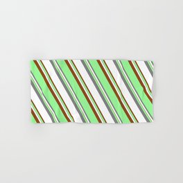 [ Thumbnail: Green, Grey, White, and Brown Colored Lined/Striped Pattern Hand & Bath Towel ]