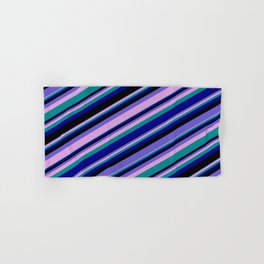 [ Thumbnail: Vibrant Slate Blue, Plum, Dark Cyan, Dark Blue & Black Colored Lines/Stripes Pattern Hand & Bath Towel ]