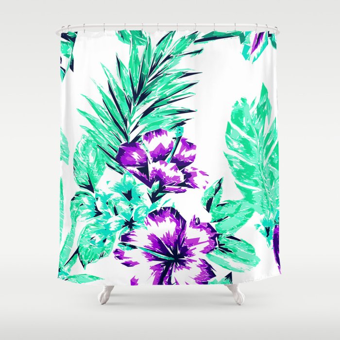 Vibrant Abstract Purple and Teal Tropical Flowers Shower Curtain