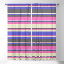 [ Thumbnail: Deep Pink, Pale Goldenrod, Blue, and Black Colored Striped/Lined Pattern Sheer Curtain ]