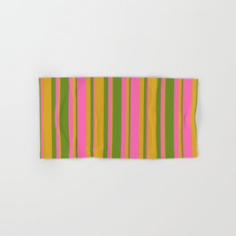 [ Thumbnail: Green, Goldenrod & Hot Pink Colored Lined Pattern Hand & Bath Towel ]