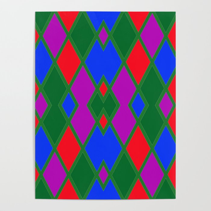 Argyle Pattern Using Red Green Blue and Purple Diamonds Outlined in Green Lines Poster