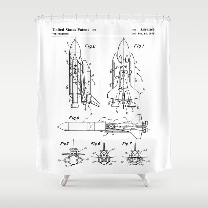 Nasa Space Shuttle Patent - Nasa Shuttle Art - Black And White Shower Curtain