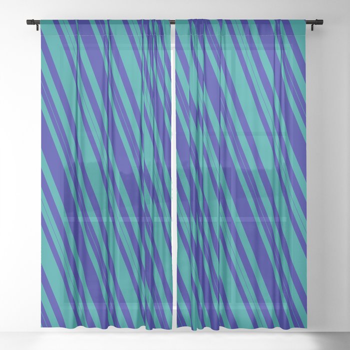 Dark Blue and Dark Cyan Colored Lined/Striped Pattern Sheer Curtain